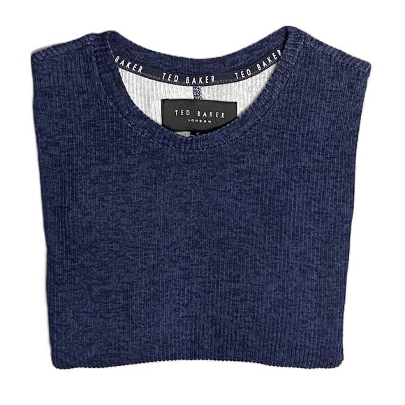Ted Baker London T-Shirt Men's Small Ribbed Crew Neck Long Slv Navy Heather NEW - Picture 1 of 11